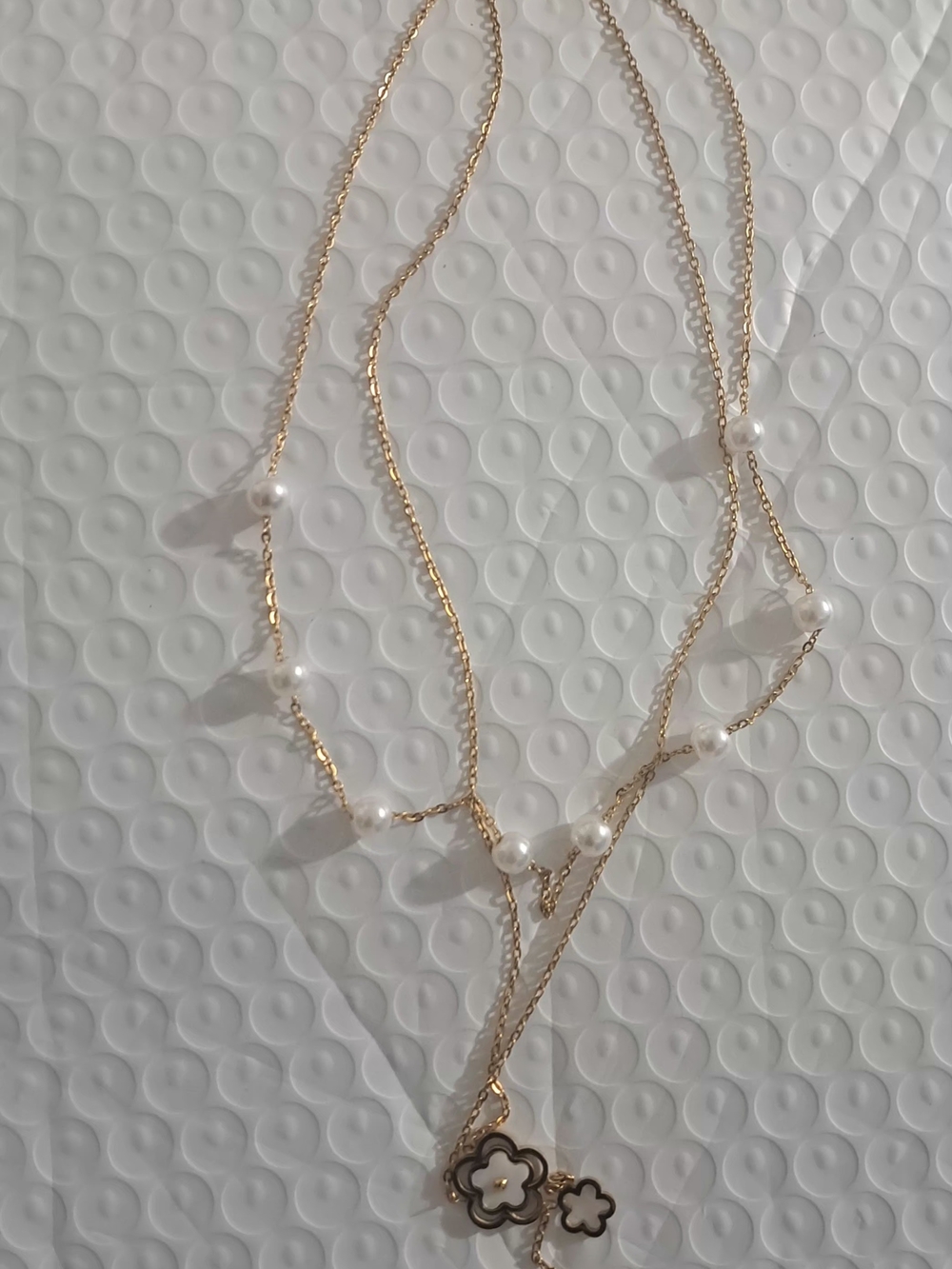 Gold Layered Pearl Necklace with Floral Charms - Women's Jewelry